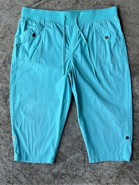 Palm Rio Turquoise Aqua Capri Pants Elastic Waist Drawstring Roll Tab Women's XL
